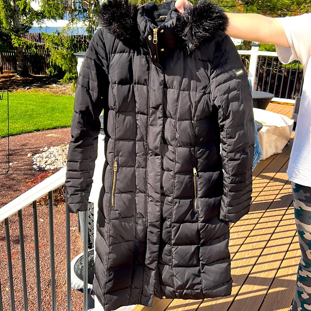 Black Midi Length Puffer Coat with Faux Fur Hood